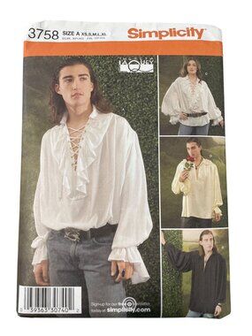 Simplicity 3758 Sewing Pattern Adult XS-XL Poet Pirate Puffy Shirt NEW UNCUT